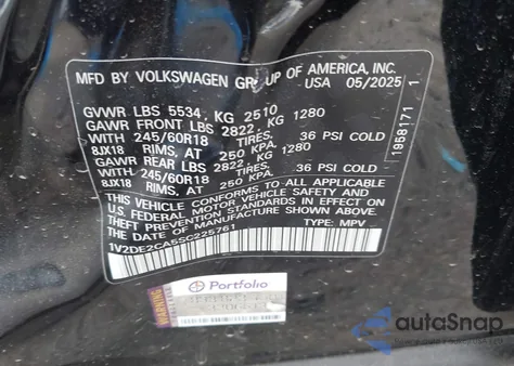 2025 Volkswagen Atlas Cross Sport 2.0T Se z USA, uszkodzony, nr VIN 1V2DE2CA5SC225761